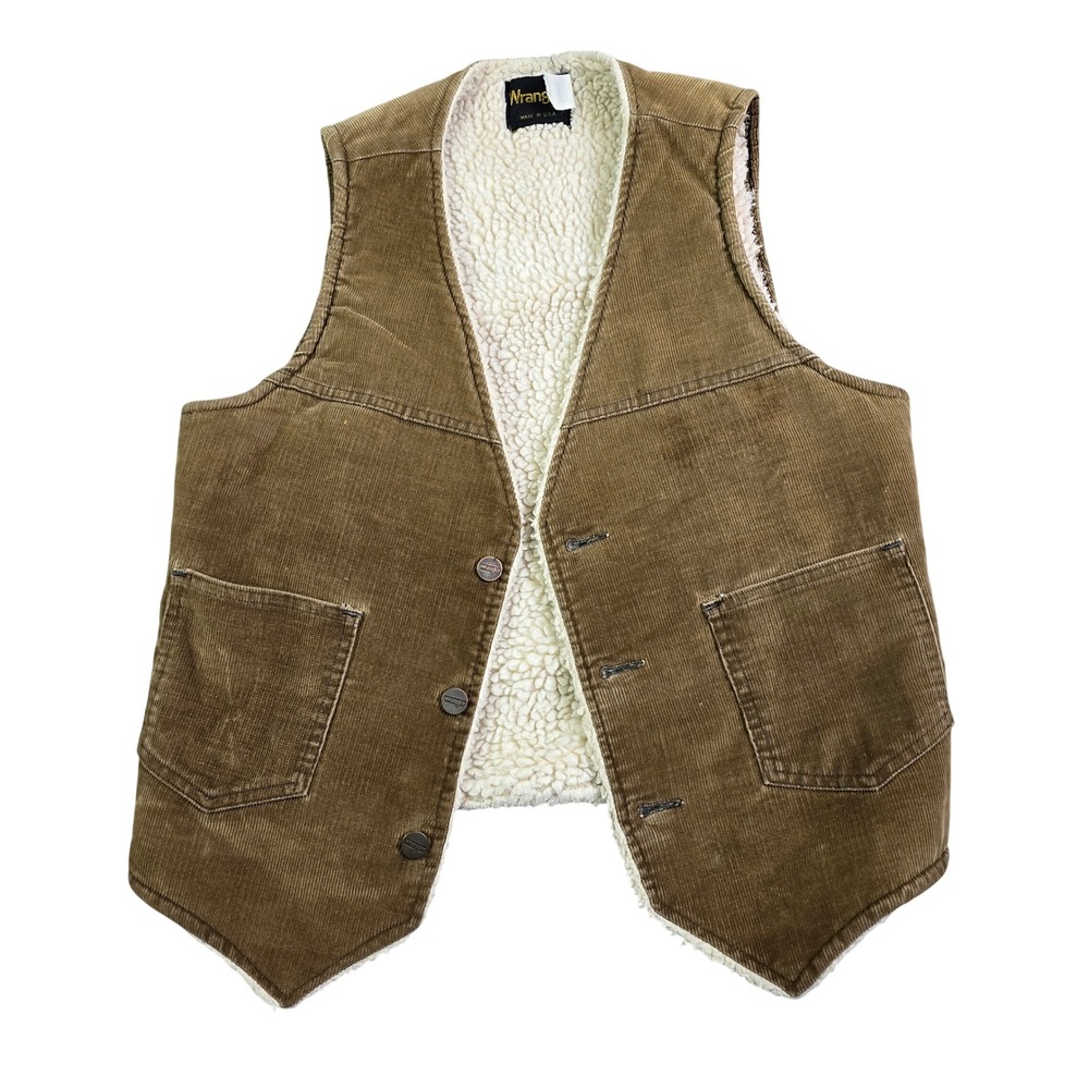 Vintage Wrangler Corduroy Vest Mens Small Brown Sherpa Lined Western Made in USA